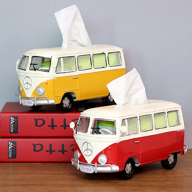 Bus Tissue Box Model Figurines Retro Car Tissue Dustproof Tissue Storage Box For Office Home Decoration Paper For Storage