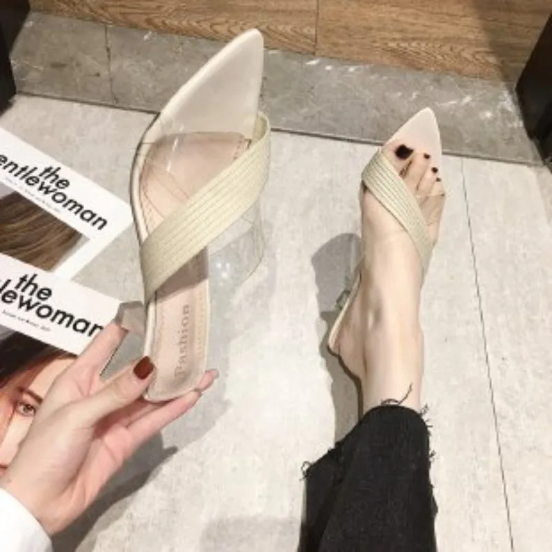 Summer Outwear Thin Heel Pointed Flying Weave Transparent Slippers 2024 New Fashion Casual Women's Shoes