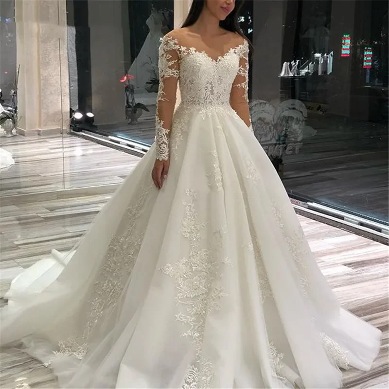 

MYYBLE Elegant Boho Wedding Gowns Long Sleeves 2022 Lace Up Back Appliques Tulle Ball Gown Custom Made Bride Dresses For Women