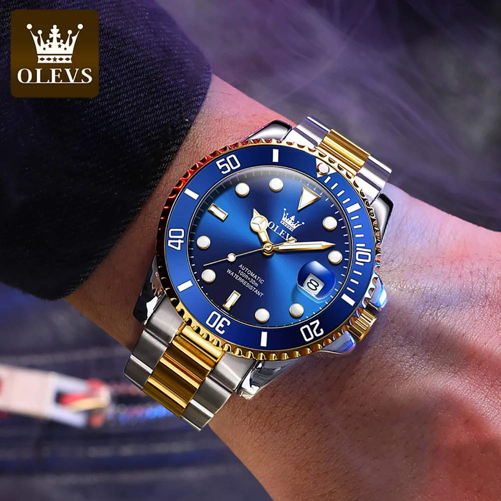OLEVS 6650 Men Watch Classic Original Automatic Mechanical Watch For Man Zircon Scale Waterproof Luminous Stainless Steel Reloj