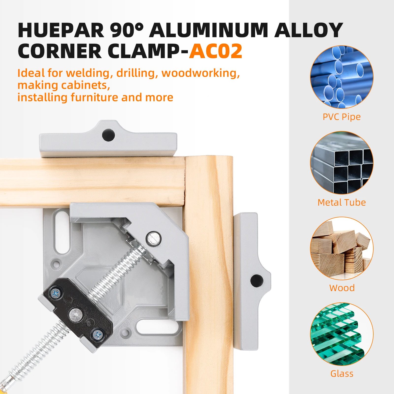 Huepar 2pcs Corner Clamp 90° Right Angle Clip Tool with Adjustable Aluminum Alloy Swing Jaw Single Handle Clamps for Woodworking