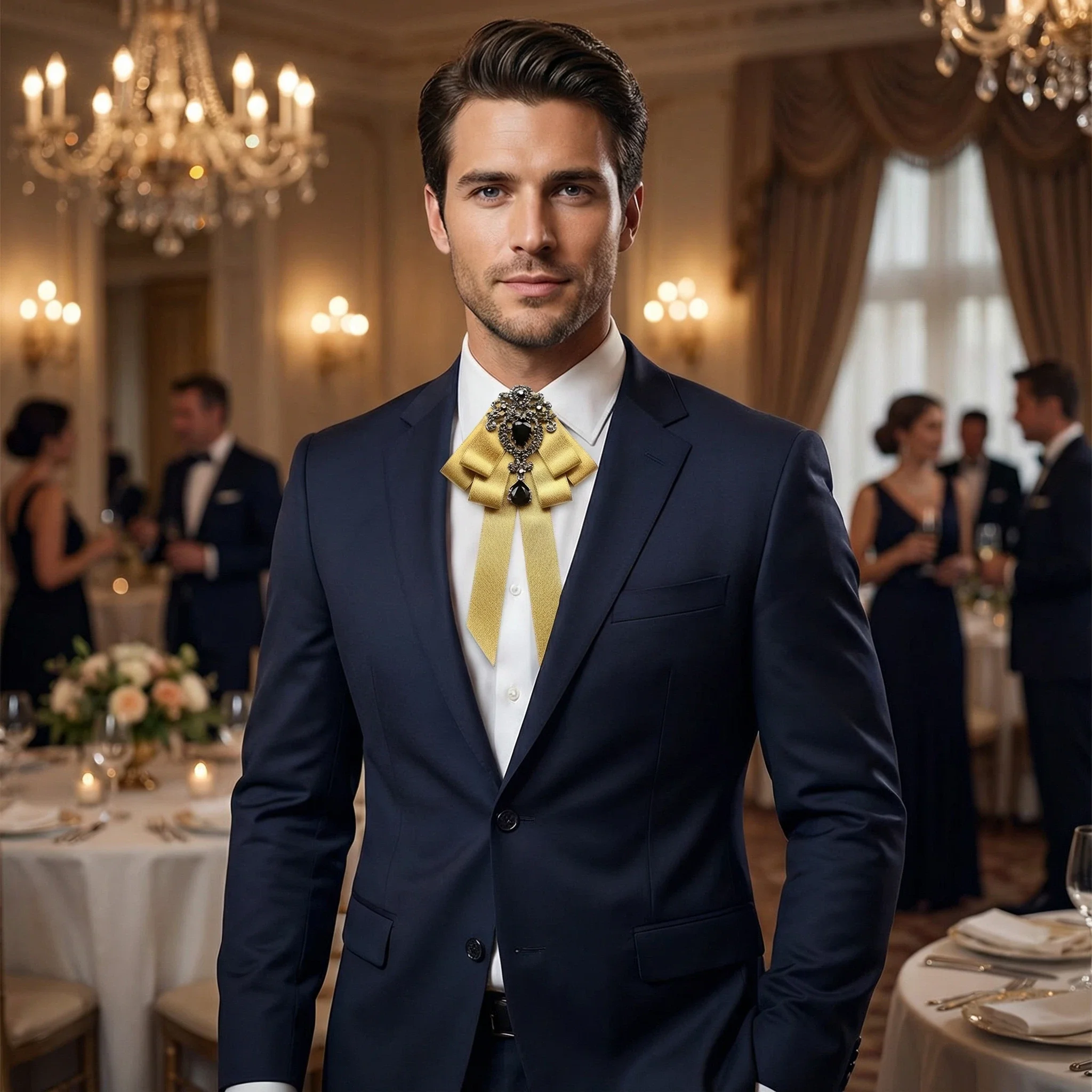 

Роскошный галстук-бабочка ручной работы из ткани с черными стразами и лентой, корейский стиль, для делового костюма, брошь-галстук