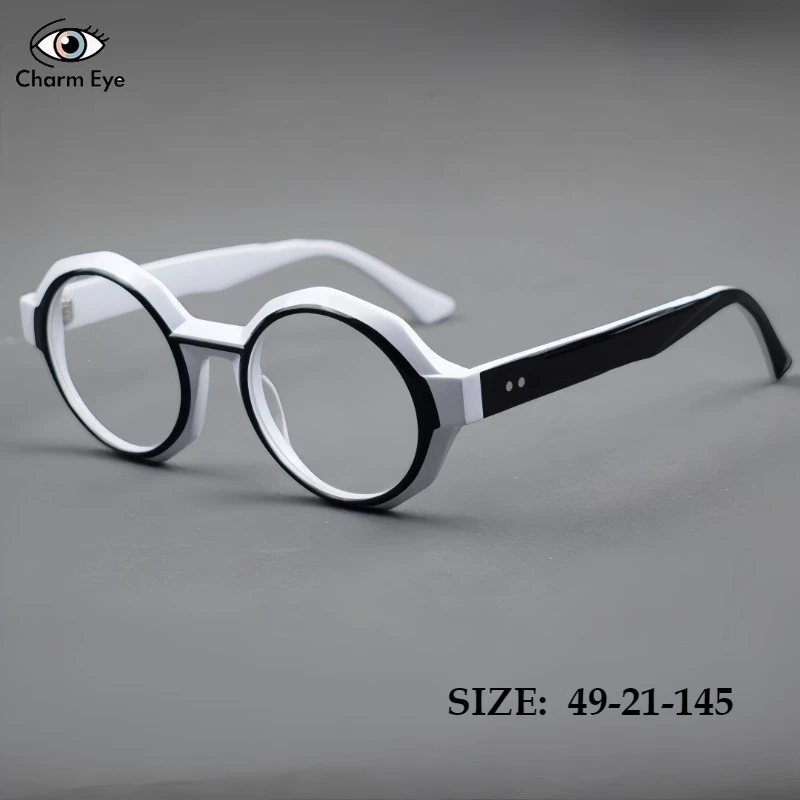 

New Acetate Black and White Eyeglass Frame Retro Men Round Customized Prescription Lenses Women Optical Computer Office Glasses