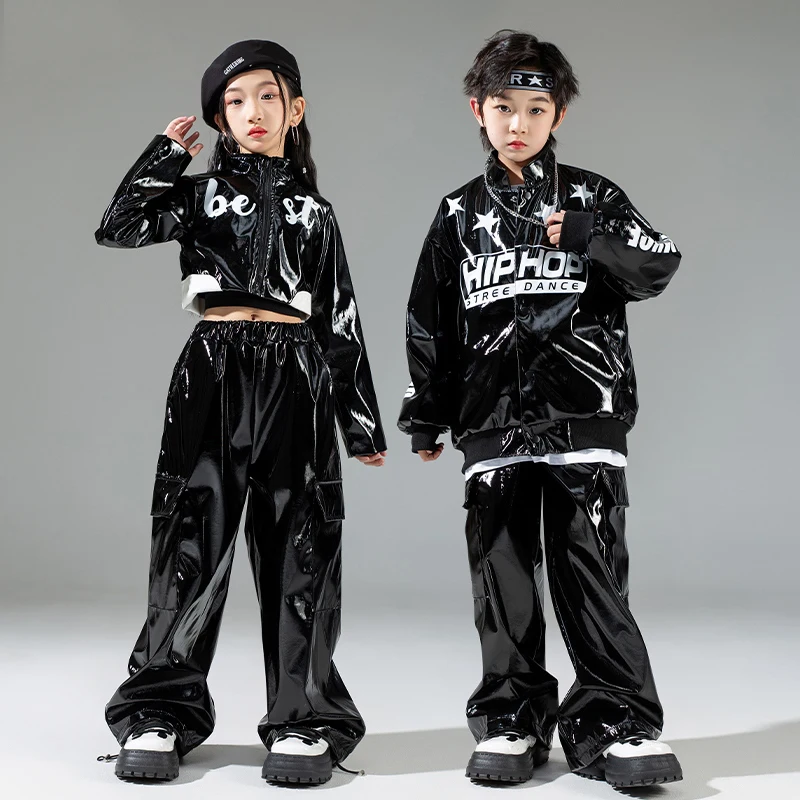 

Children Black Leather Hip Hop Sets Street Dance Jazz Performance Costume Girls Fashion Hiphop Clothing Boys Coat Pants BL14532