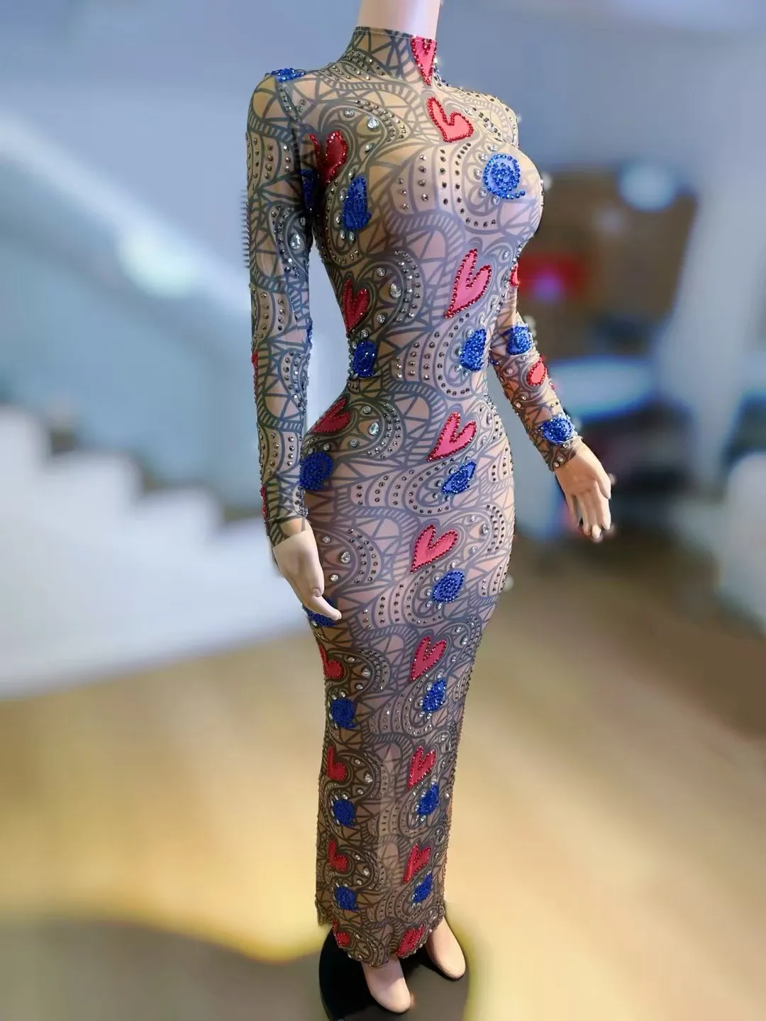 الحب الماس عالية الرقبة ضيق مثير شبكة التفاف فستان طويل المضيف الاجتماع السنوي ملهى ليلي بار الأداء زي A806