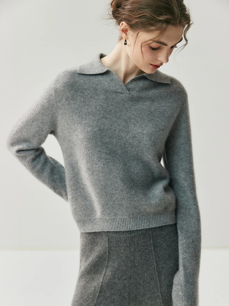 

CHICUU Women's 100% Cashmere Knit V-neck Polo Pullover Sweater Office Lady Basic Simple Style Cashmere Knitwear Autumn Winter
