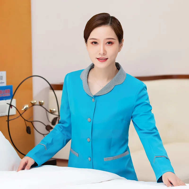 ターンダウンカラークリーニングユニフォーム長袖秋冬クリーニング作業服女性用PAホテルハウスキーピングスタッフプロパティメンテナンス
