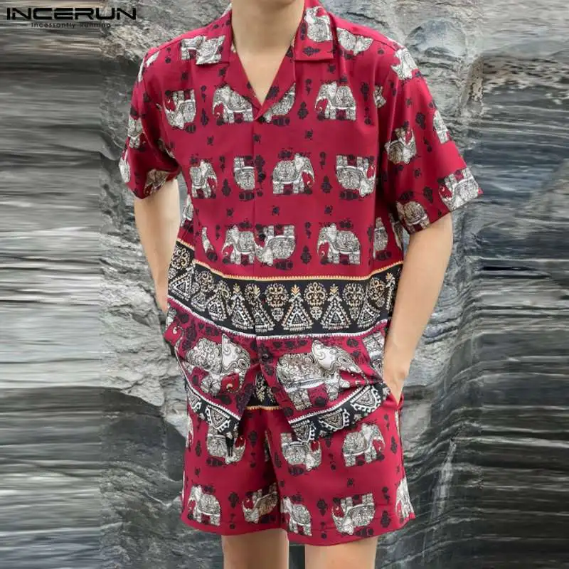 

INCERUN 2024 Korea Style Summer Casual Sets Men's Short Sleeved Shirt Shorts Fashion Ethnic Elephant Print Two Piece Sets S-5XL