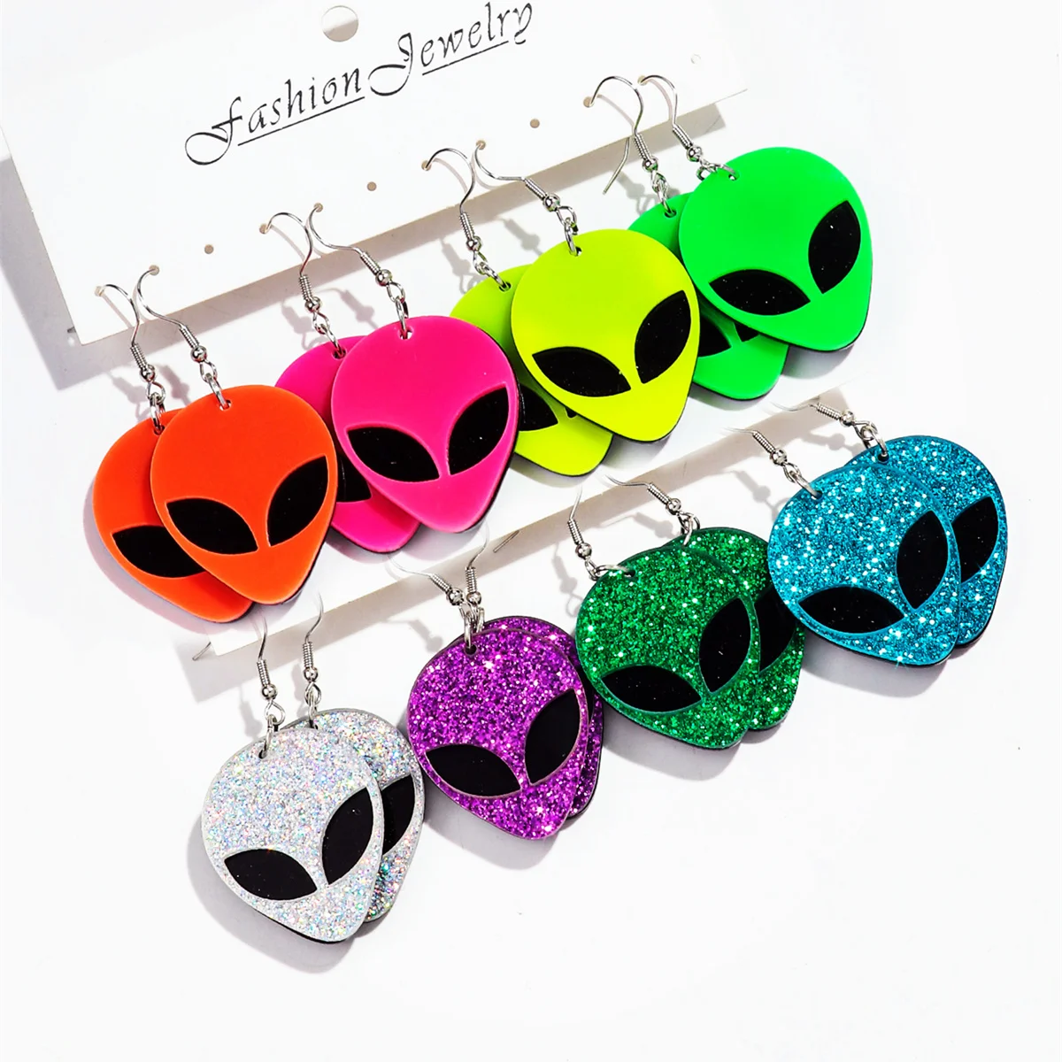 4 pair/set Funny Acrylic Glitter Alien Earring Set for Women Hip Hop Neon Exaggerated Drop Earrings 2024 Trend Fashion Jewelry