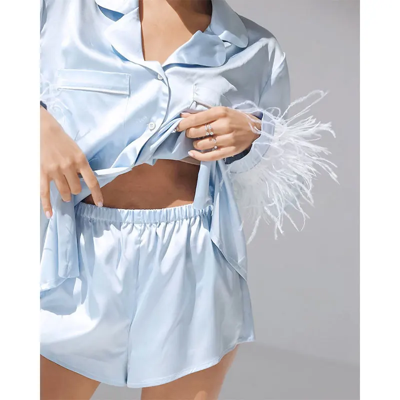 Women's Pajama Patch Feather Cuffs Solid Color Long Sleeve Collar Button Shirt With Shorts Loose 2-piece Set