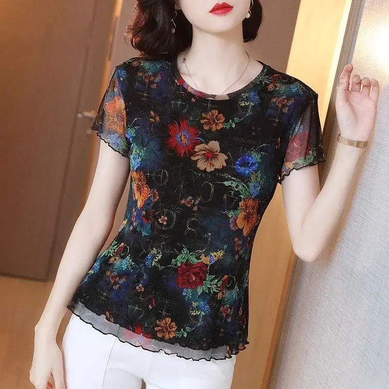 Printed Chiffon Women's Elastic Mesh Ice Silk Breathable T-shirts Summer Round Neck Short Sleeve Slim Fit Imitation Silk Tops