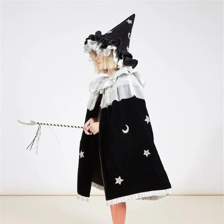 Girls Velvet Lace Cloak with Hat Children Performance Evil Witch Cosplay Nightmare Black Cloak Costume Halloween for Girl Wizard