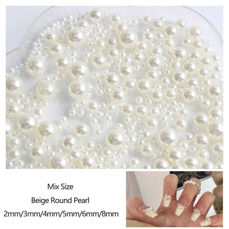 Non  Porous Beige And White Acrylic ABS Round Beads Faux Pearls Nail Art Rhinestones 1.5-8MM For Craft Decoration DIY Costume