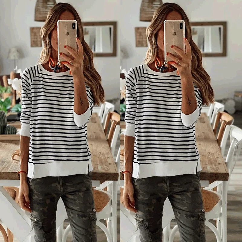 25 Years Autumn Winter New Striped Print Loose Comfortable Long Sleeve T-Shirt 9013