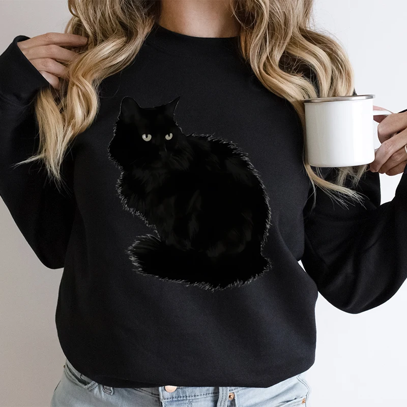 Cute Cat Lover Gift for Women Autumn Sweatshirts Fluffy Black Kitten Print Trending Sweatshirt Cat Mom Harajuku Fashion Hoodies