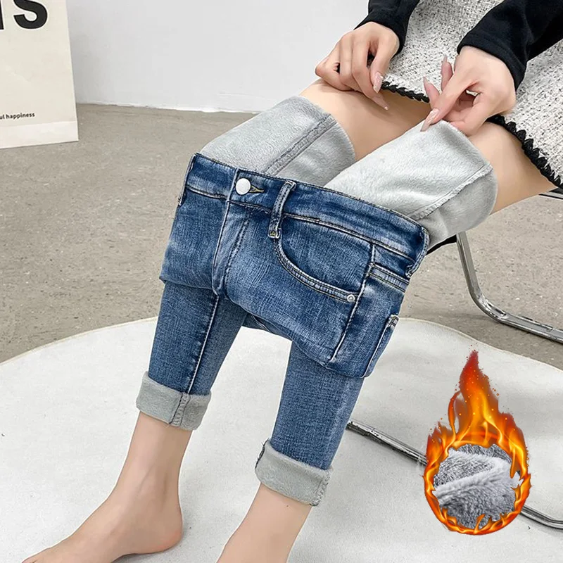 

Winter Women Chic Plush High Waist Jeans Girls Snow Warm Thicken Thermal Denim Trousers Lady Straight Leg Fleece Pants