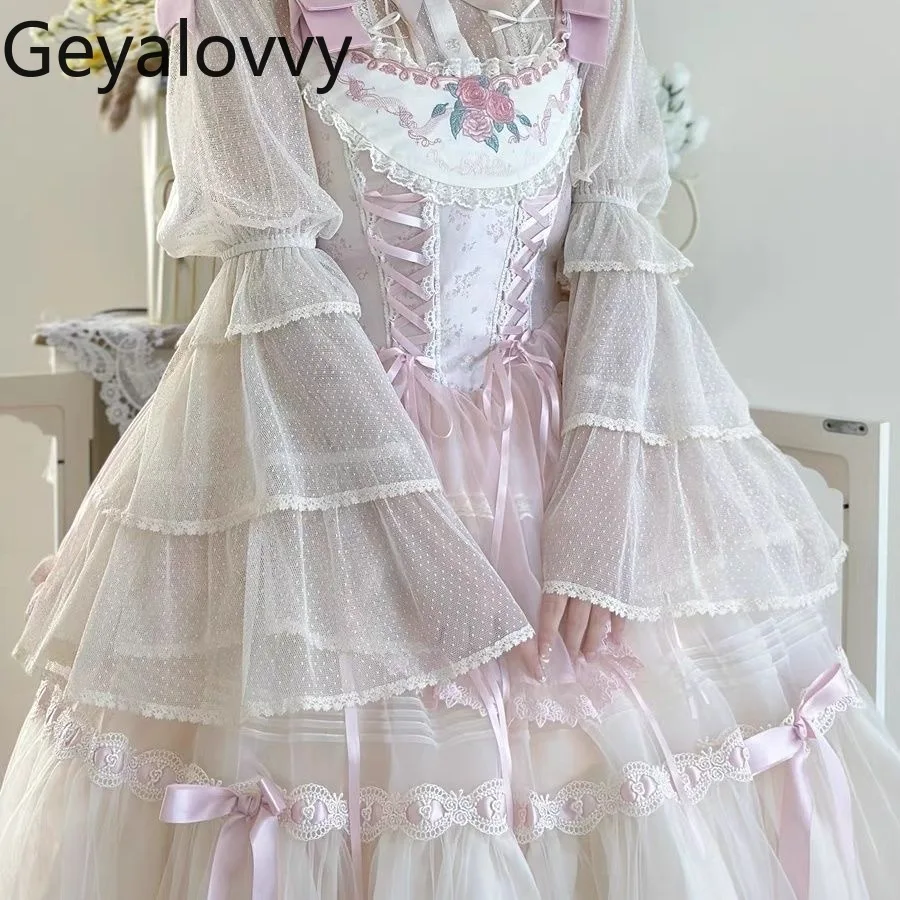 لوليتا الحلو لطيف الفتيات تنوعا قميص طويل الأكمام النمط الياباني بلون بلوزة جولة الرقبة Bowknot القمم الداخلية للنساء #5