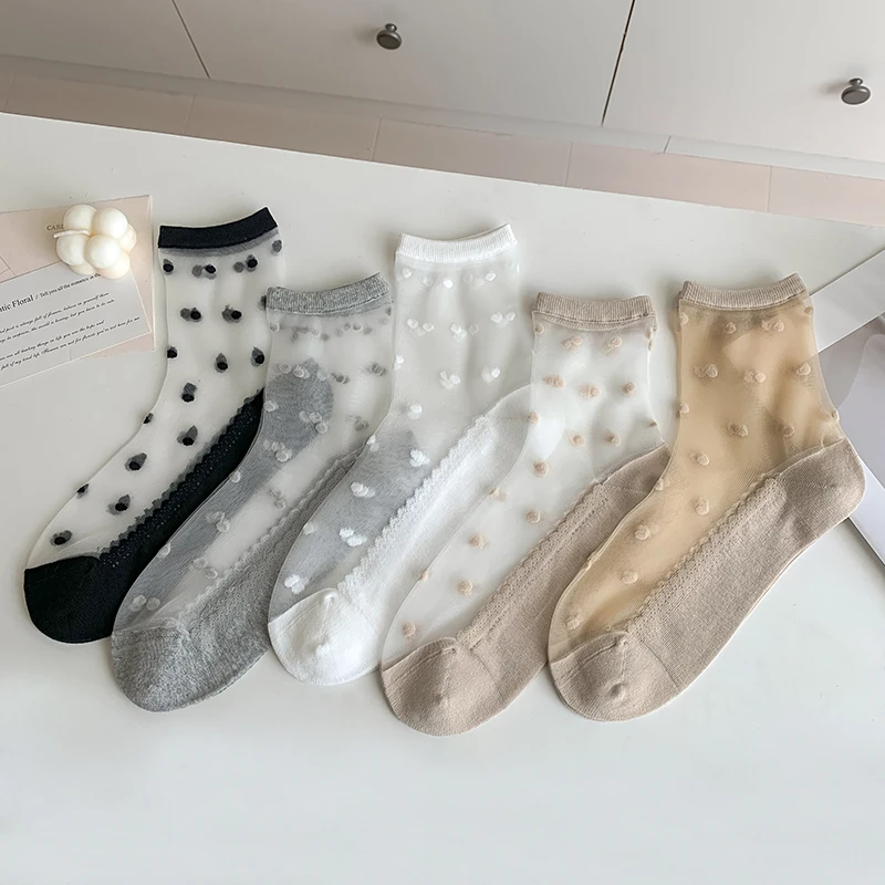 

Летние носки для женщин, новые простые тонкие носки в японском стиле для девочек, впитывающие пот, повседневные милые модные короткие носки в горошек, прозрачные