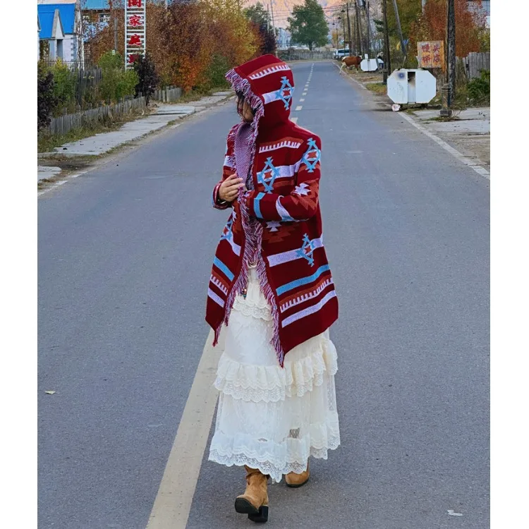 여행용 민족풍 여성 니트 스웨터 코트 레이스 스커트 롱 스웨트 루즈핏 스트리트 스타일 가을 봄 벨벳