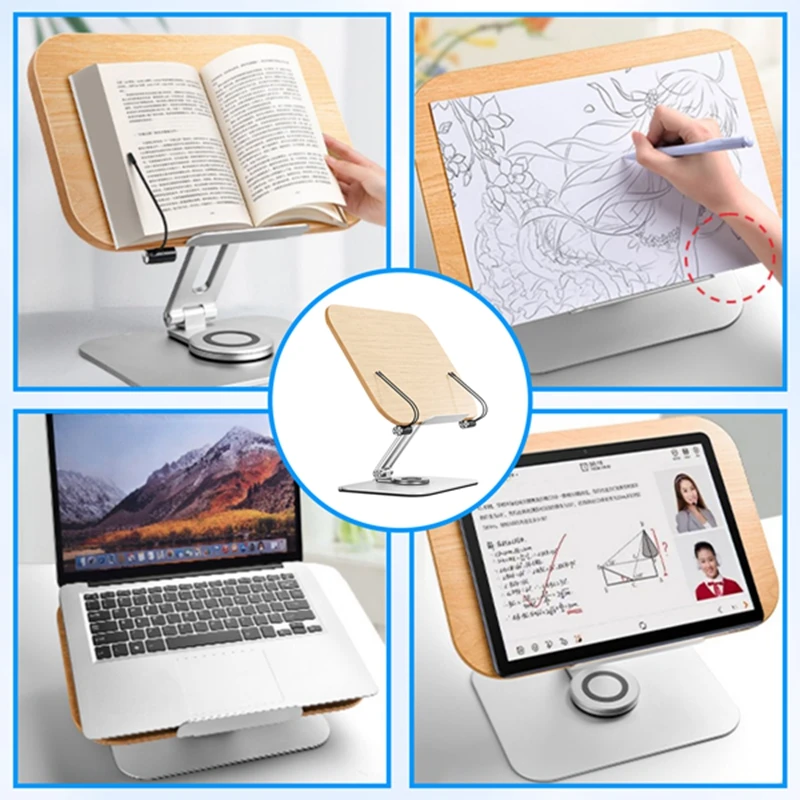 Support de livre de bureau pliable pour la lecture, base rotative à 360 ° et clips de page