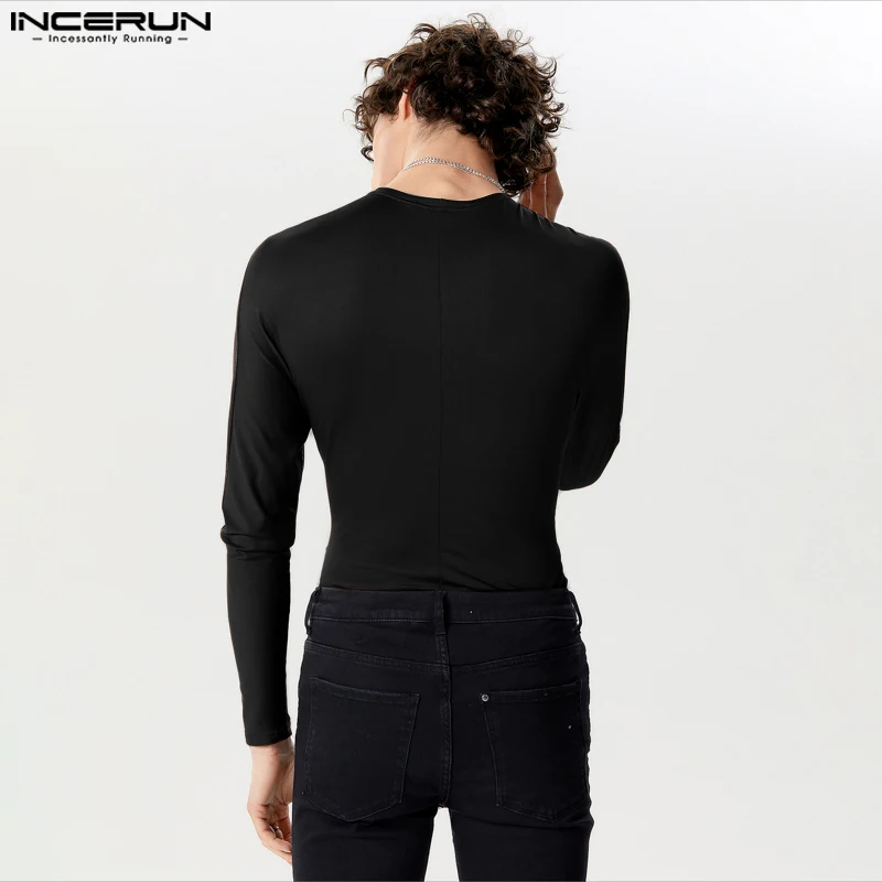 INCERUN-Barboteuses à col roulé à manches longues pour hommes, olympiques de batterie, maille patchwork, streetwear sexy transparent, costume de batterie de mode, S-3XL, 2024