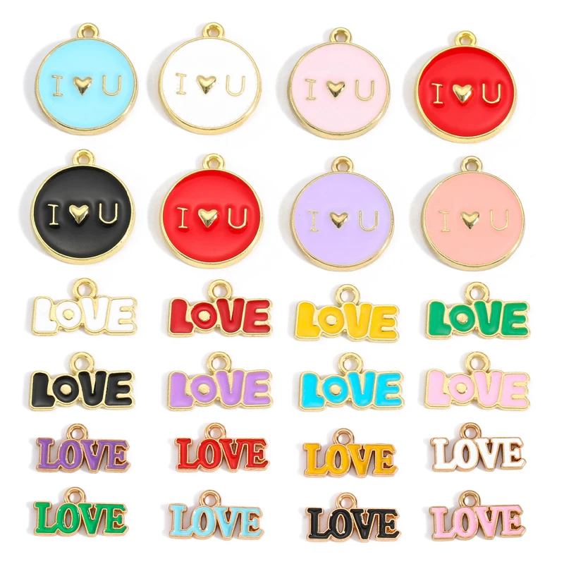 10 шт., милые эмалированные подвески золотого цвета «Я люблю тебя», круглый кулон, подходят для ожерелья, сделай сам, изготовление ювелирных изделий ручной работы, поиск принадлежностей W503