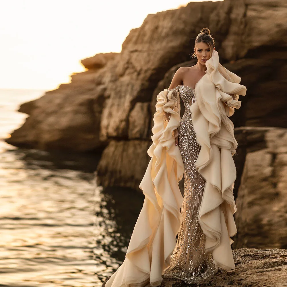 

Удивительные роскошные хрустальные кружевные вечерние платья русалки с длинными рукавами большого размера, сексуальные длинные вечерние платья из бисера