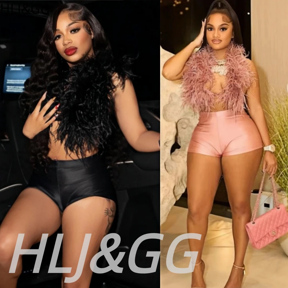 HLJ&GG Fashion Y2K Fur Hollow Out Streetwear Women Sleeveless Slim Crop Top And Shorts Outfits Female Trend 2pcs Outfits 2025