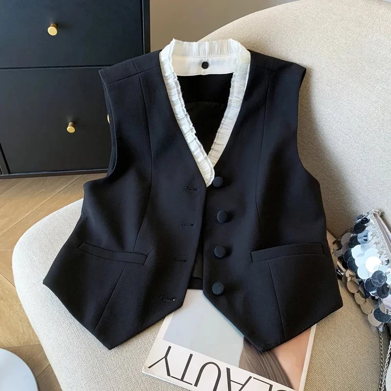 

Simple Sleeveless Suit Vest Women Black Fashion Office Lady Button V Neck Jacket Slim Fit Chic Patchwork Female Spring New Tops