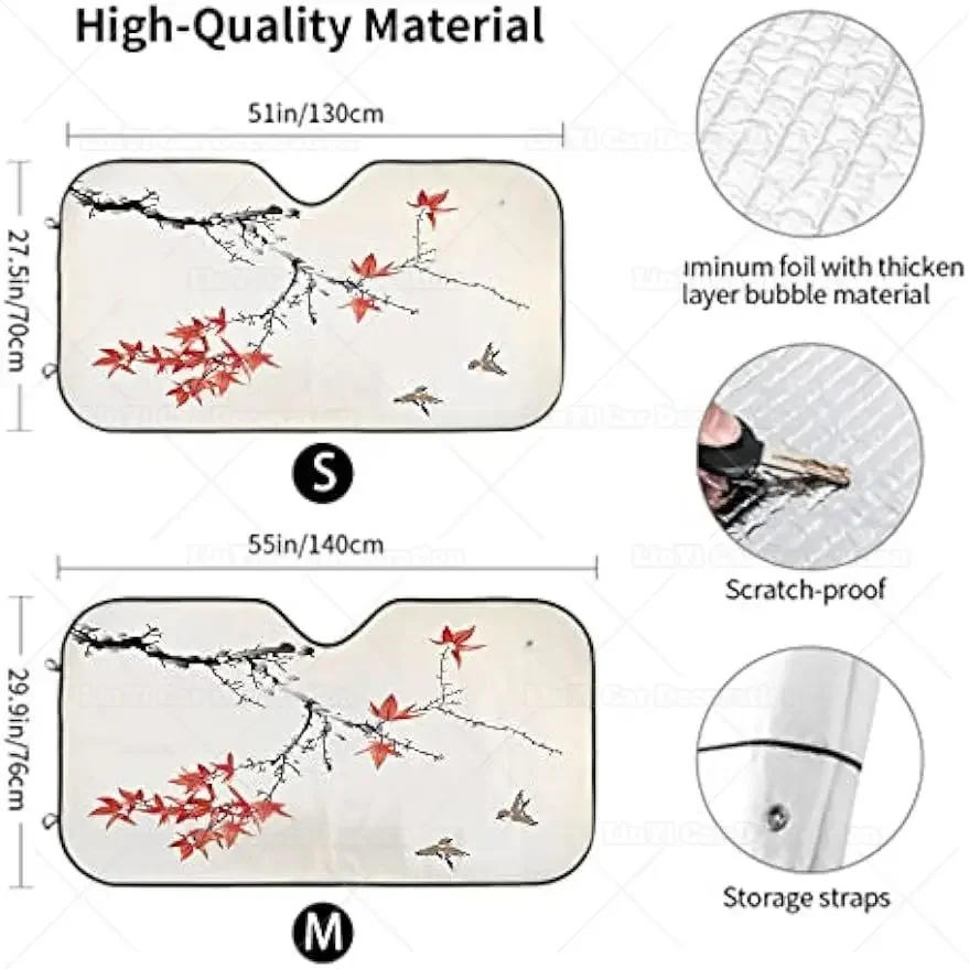 Car Windshield Sun Shade Ink Maple Leaves Branch Bird Chinese Nature Theme Front Window Sun Visor Blocks UV Rays Fits Truck Cars