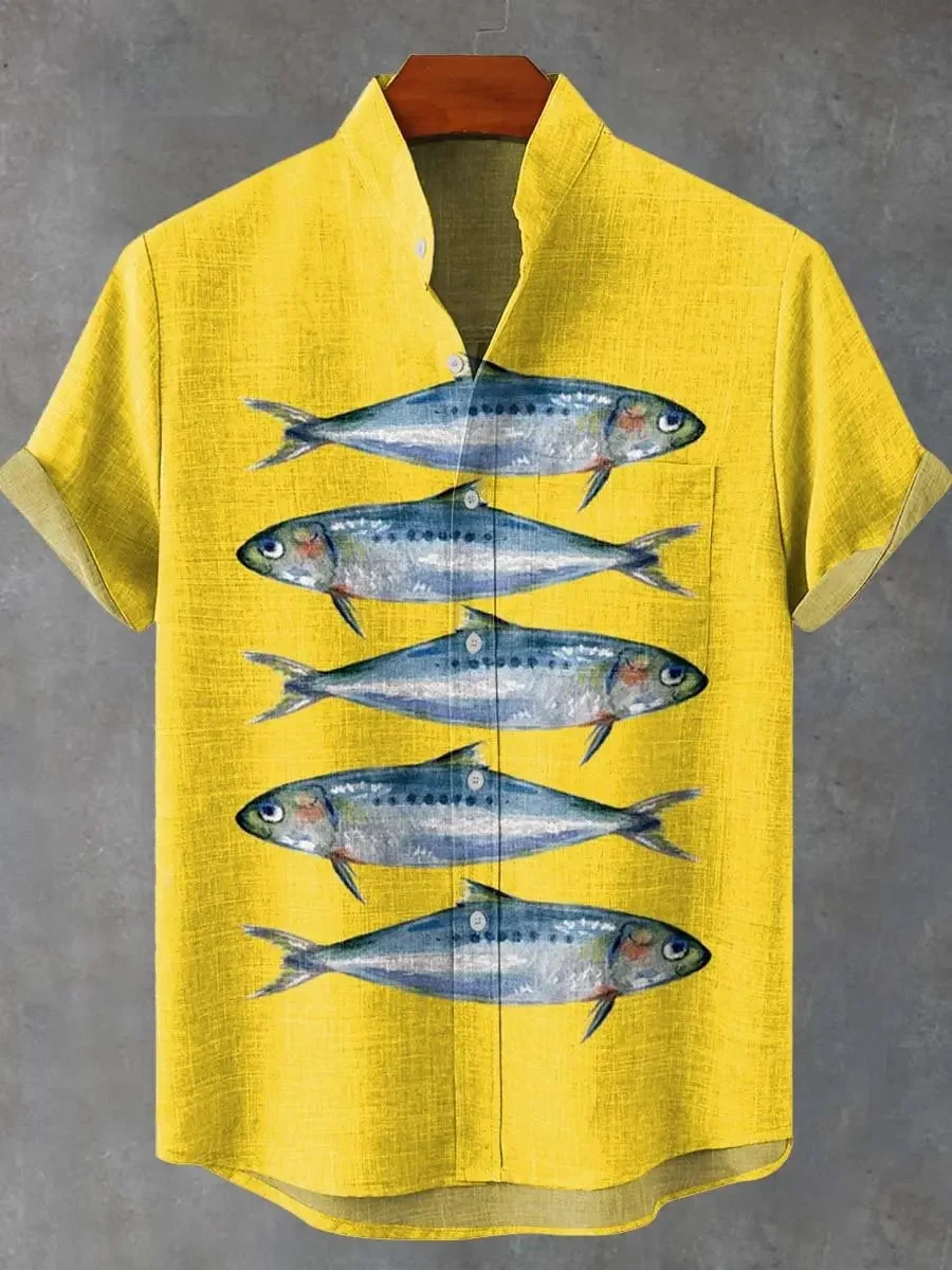 Men's Summer 2025 Retro Fish Pattern Art Shirt Casual Linen Short Sleeve Fishing Enthusiast Clothing Exquisite Style