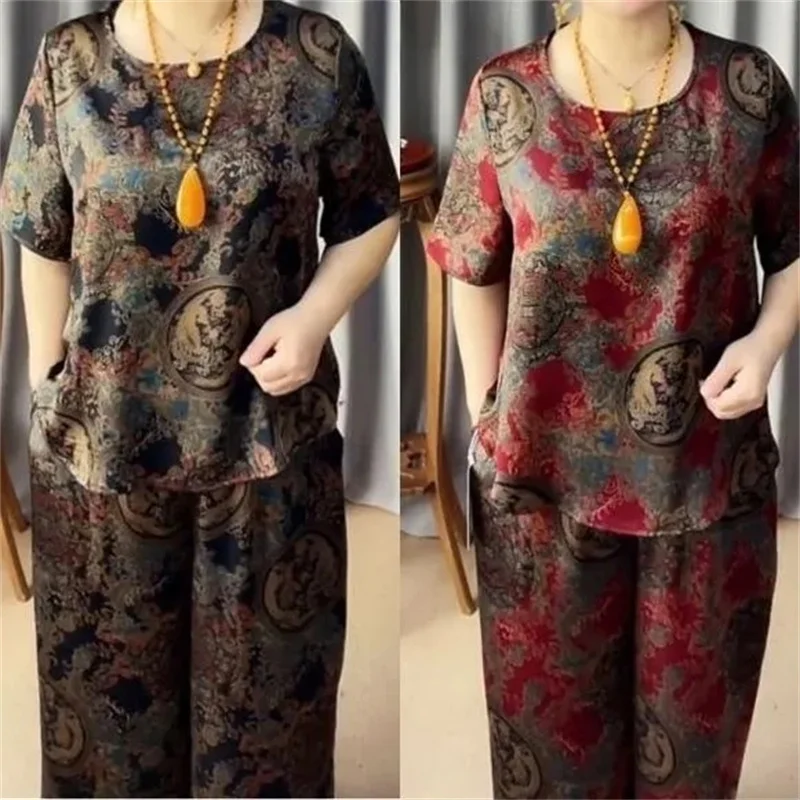 Middle-Aged Elderly Mothers Summer Women 2022 New Fashion Loose Thin Retro Printing Two-Piece Set