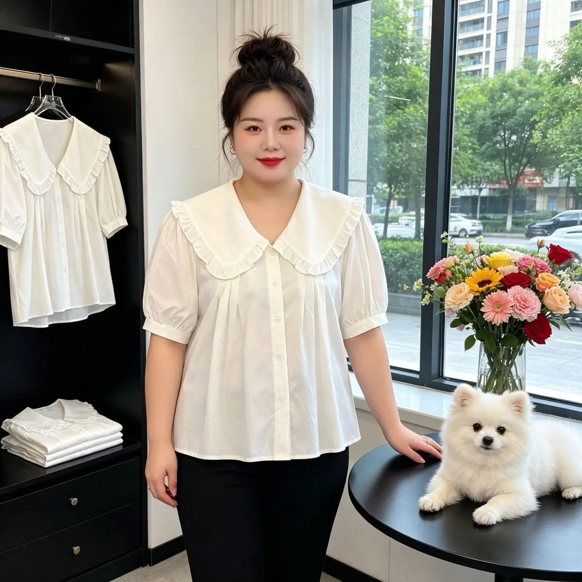 White Chiffon Loose Design Summer Shirt with Puff Collar for Women Short Sleeve plus Size Fat MM Shirt Female Fashion 2026