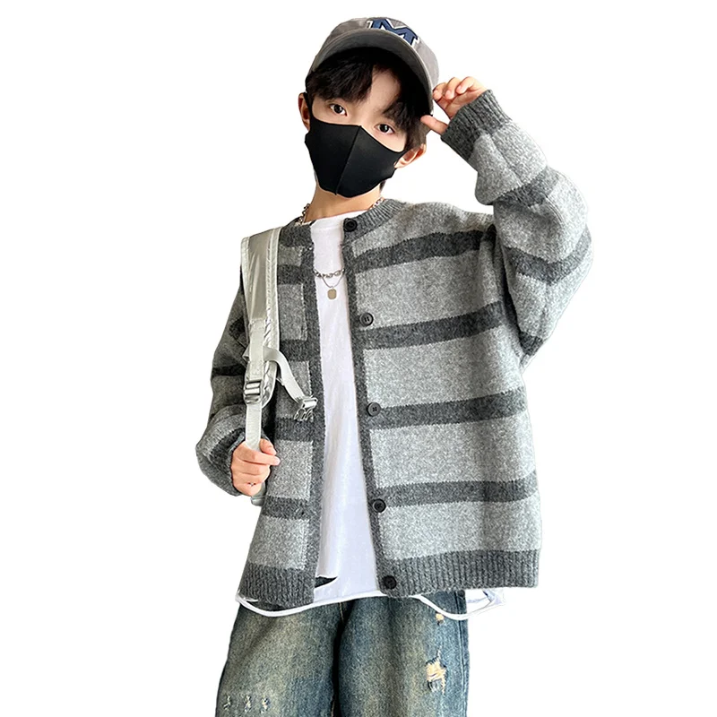 

New Spring Elegant Kids Striped Button Cardigan For School Boy Casual Knitted Sweater Outfit Teenage Child Cool Street Knitwear