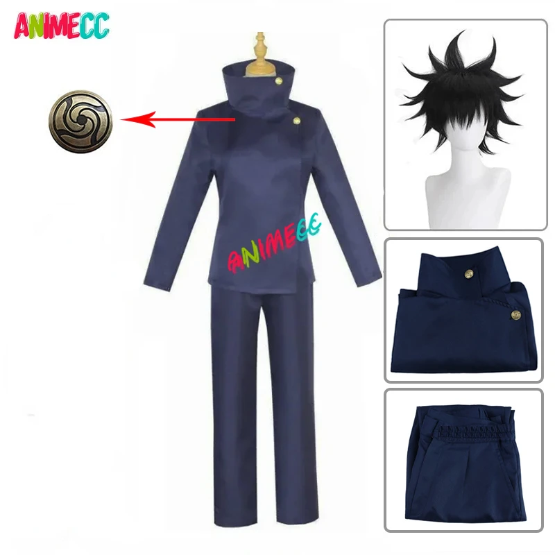 ANIMECC-Disfraz de Fushiguro Megumi para hombre y niño, traje de Cosplay con peluca, zapatos, uniforme negro azul, Top + Pantalones para fiesta de Halloween, disponible en S-XXL