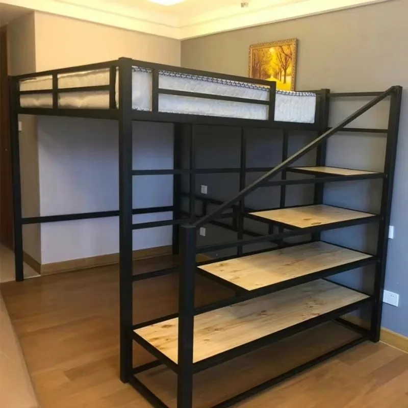 Nordic Iron Pavilion Loft Bed, Upper Bed With Lower Desk, Space Saving For Small Apartment Dormitory Bedroom Furniture