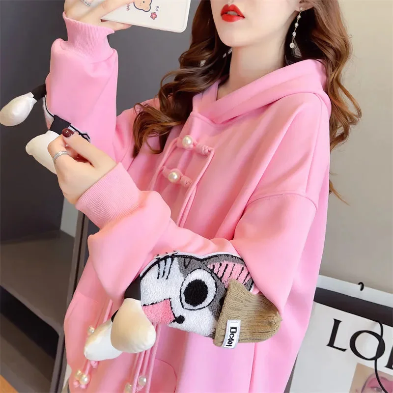 Plus Velvet Padded Mid-Long Hooded Sweater Women\'s New Autumn Winter Embroidered Pullover Coat Large Size Fashion Hoodies Female