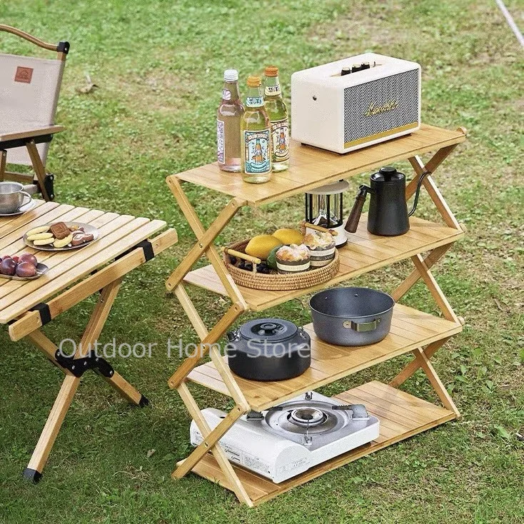 Outdoor Foldable Multi-Layer Camping Rack, portátil, sem instalação, armazenamento de bambu, prateleira multifuncional, mesa dobrável