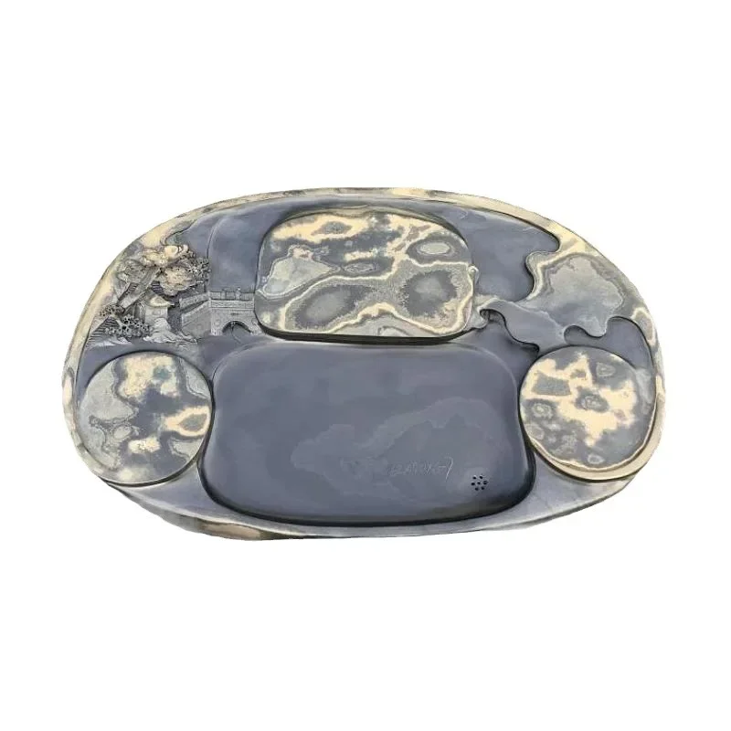 Stone tea tray, natural raw stone material, black red, household tea table, artificially carved landscape tea sea