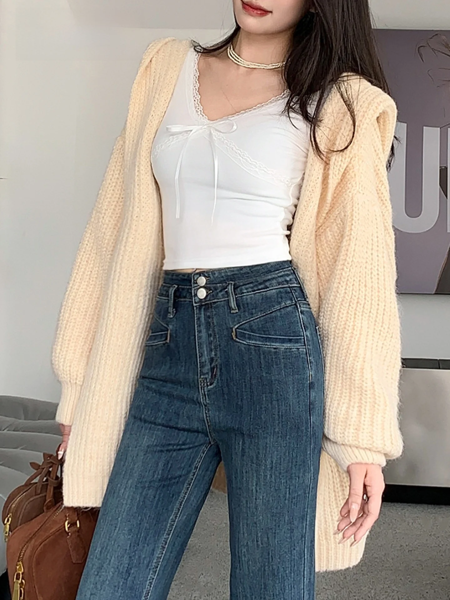 

Bling Home Korean Sle Lazy Hat Cardigan Women's Mid-Length Knitted Open-irt Spring Autumn New Loose Outerwear Coat