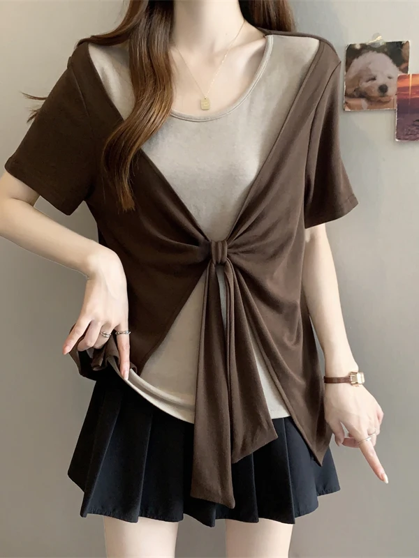 Mellows Summer New Large Size Coffee Short Sleeve Women's T-shirt Shoulder Width Regular Style Commute Wind Unique Small Shirt