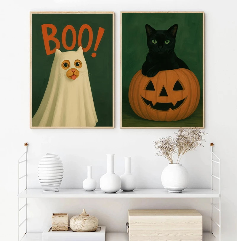 أسود القط شرب النبيذ الأحمر التدخين أكل البيتزا شبح اليقطين المشارك طباعة حائط لوح رسم صورة فنية غرفة المعيشة ديكور المنزل #3