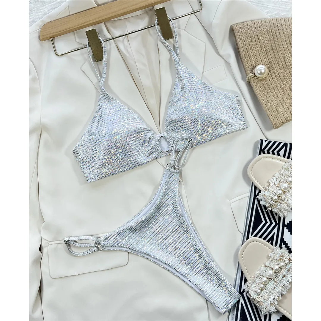 Silberne Pailletten, hoch geschnittene Bikinihose, zweiteiliger Damen-Bikini, Badeanzug, gepolsterter Badeanzug, Badebekleidung, Modell V3717. – Detail 8