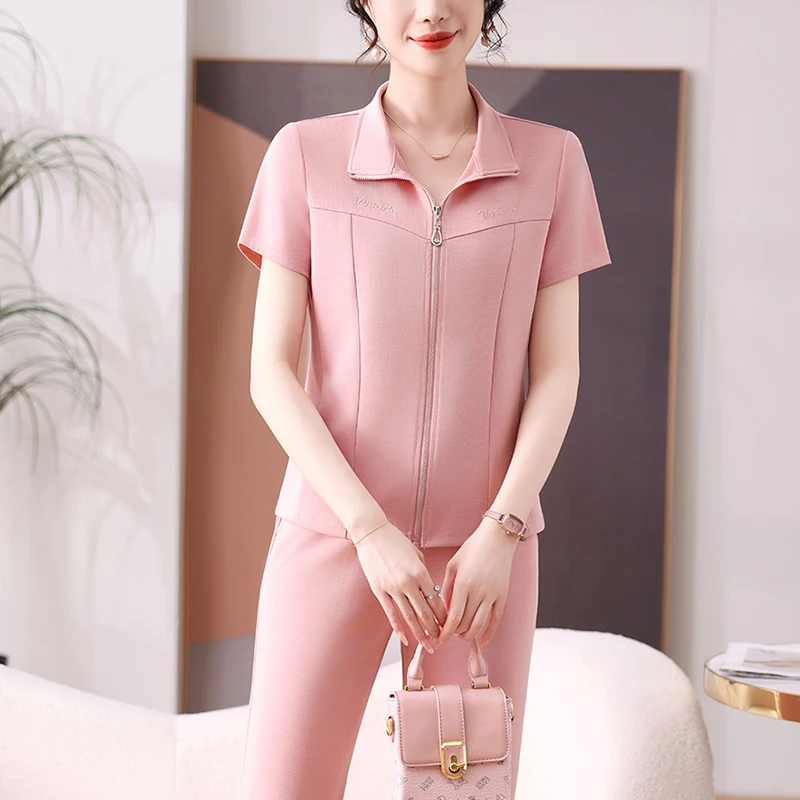 

Faionable ort Sve T-irt Set for Young Mothers Summer Sportswear Casual Loose Fit Long Pants Zipper Closure Color