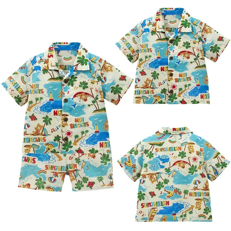 

Boys' Suit Clothes 2024 Summer New Children's Cartoon Pockmarked Bear Vacation Style Full Print Short Sleeve Shirt Shorts