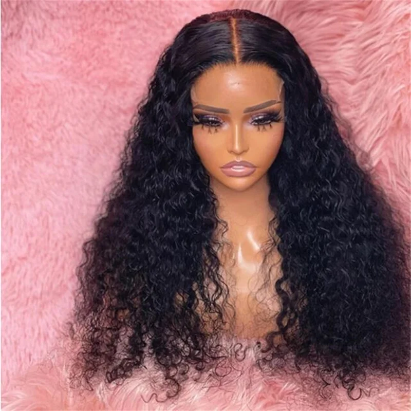 شعر مستعار ناعم بدون صمغ أسود طبيعي 180 كثافة 26 بوصة طويل غريب مجعد عميق باروكة أمامية من الدانتيل للنساء مع شعر أطفال مقطوف مسبقًا يوميًا
