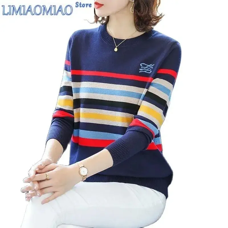 

Autumn Winter New Stripe Knitting Sweater Round Neck Fashion Jacket Loose Show Thin Hit End Shirt Sweater Women Tide