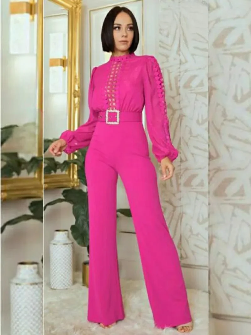 GUWU Tuta elegante patchwork in pizzo a maniche lunghe con lacci a gamba larga Autunno Inverno Tute da donna OL