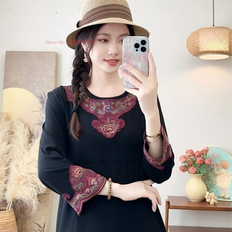 

2025 chinese traditional t-shirt national flower embroidery o-neck shirt vintage hanfu tops oriental folk shirt retro base shirt