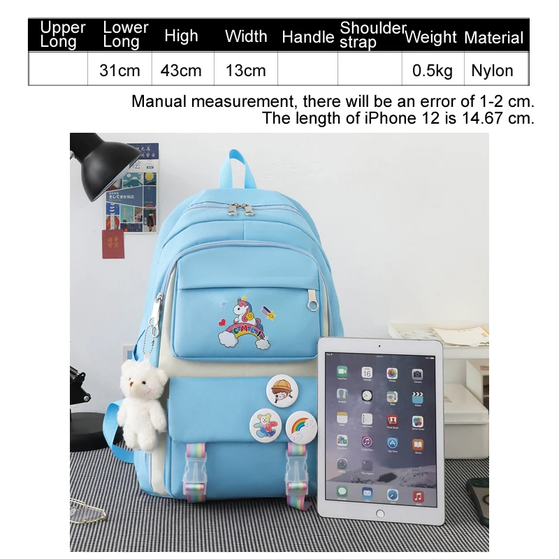 Ensemble de 4 sacs à dos d\'école imprimé licorne pour femmes, accessoires de badges, pour étudiants, sac de voyage multi-poches, 2022